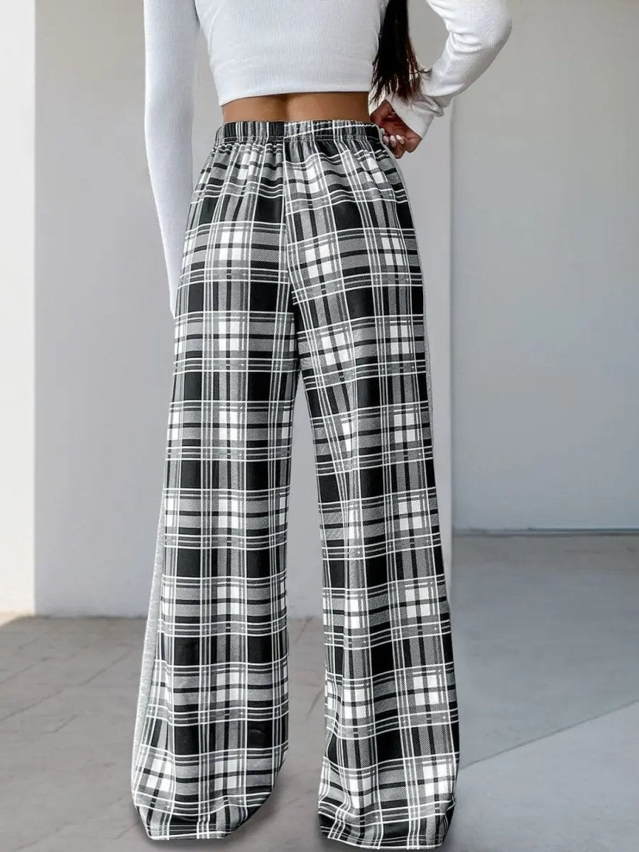 Plaid Wide Leg Drawstring Trousers by Perfee - Love Salve